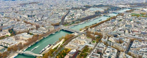 View from Eiffel Tower second floor overlooking Paris skyline
